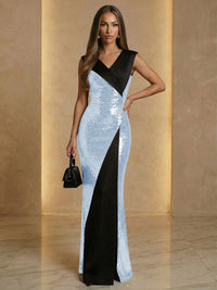 V Neck Sheath Sequined Floor Length Sparkling Evening Dresses