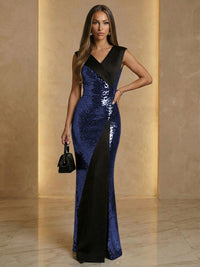 V Neck Sheath Sequined Floor Length Sparkling Evening Dresses