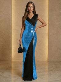 V Neck Sheath Sequined Floor Length Sparkling Evening Dresses