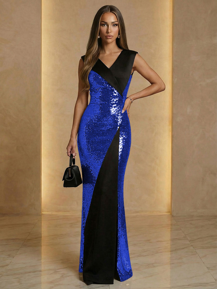 V Neck Sheath Sequined Floor Length Sparkling Evening Dresses