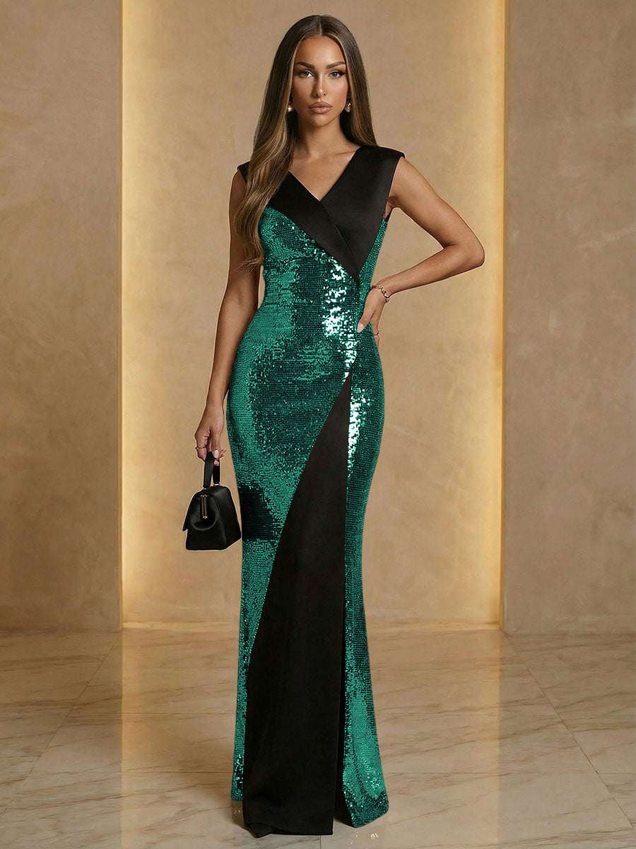 V Neck Sheath Sequined Floor Length Sparkling Evening Dresses