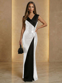 V Neck Sheath Sequined Floor Length Sparkling Evening Dresses