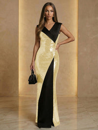 V Neck Sheath Sequined Floor Length Sparkling Evening Dresses