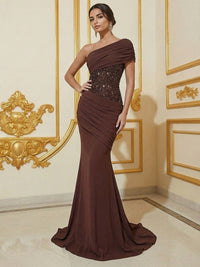 Mermaid One Shoulder Sleeveless Sequined Long Elegant Evening Dresses