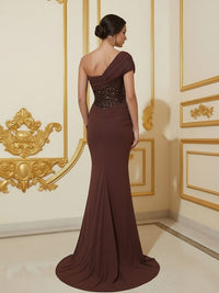 Mermaid One Shoulder Sleeveless Sequined Long Elegant Evening Dresses