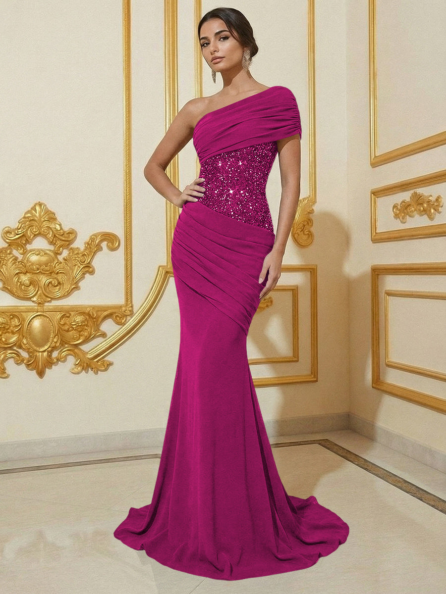 Mermaid One Shoulder Sleeveless Sequined Long Elegant Evening Dresses