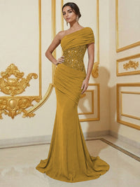 Mermaid One Shoulder Sleeveless Sequined Long Elegant Evening Dresses