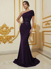 Mermaid One Shoulder Sleeveless Sequined Long Elegant Evening Dresses