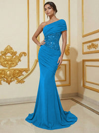 Mermaid One Shoulder Sleeveless Sequined Long Elegant Evening Dresses