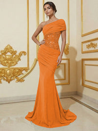 Mermaid One Shoulder Sleeveless Sequined Long Elegant Evening Dresses