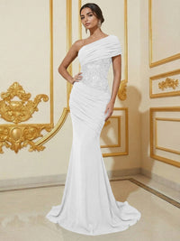 Mermaid One Shoulder Sleeveless Sequined Long Elegant Evening Dresses