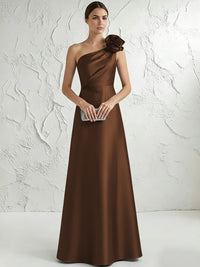 A Line/Princess One-Shoulder Floor Length Beaded Evening Dresses with Flower