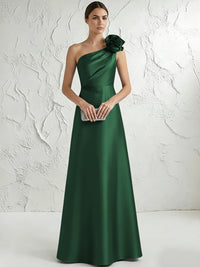 A Line/Princess One-Shoulder Floor Length Beaded Evening Dresses with Flower