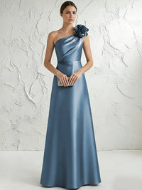 A Line/Princess One-Shoulder Floor Length Beaded Evening Dresses with Flower