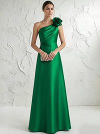 A Line/Princess One-Shoulder Floor Length Beaded Evening Dresses with Flower