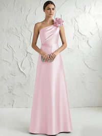 A Line/Princess One-Shoulder Floor Length Beaded Evening Dresses with Flower