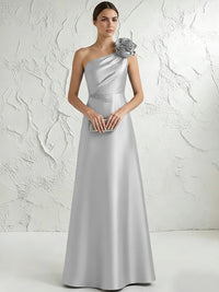 A Line/Princess One-Shoulder Floor Length Beaded Evening Dresses with Flower