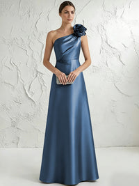 A Line/Princess One-Shoulder Floor Length Beaded Evening Dresses with Flower