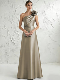 A Line/Princess One-Shoulder Floor Length Beaded Evening Dresses with Flower