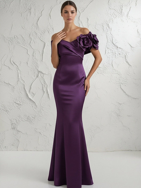 Mermaid Off Shoulder Flower Floor Length Simple Evening Dresses