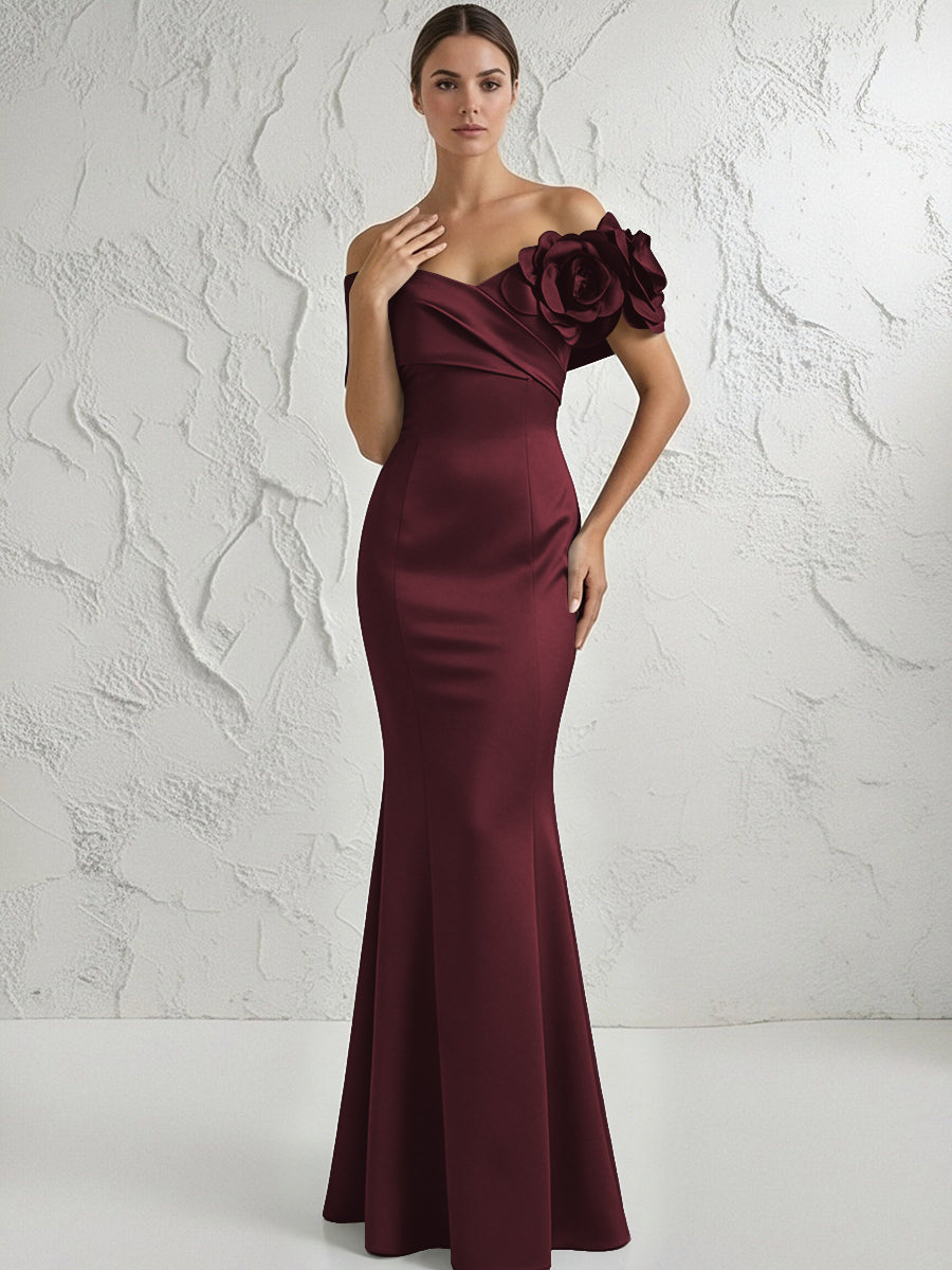 Mermaid Off Shoulder Flower Floor Length Simple Evening Dresses