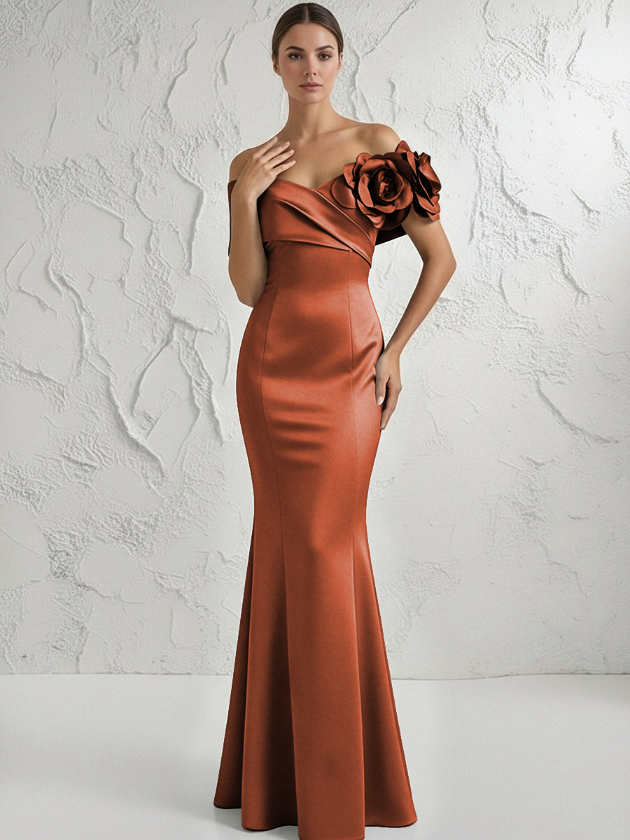 Mermaid Off Shoulder Flower Floor Length Simple Evening Dresses