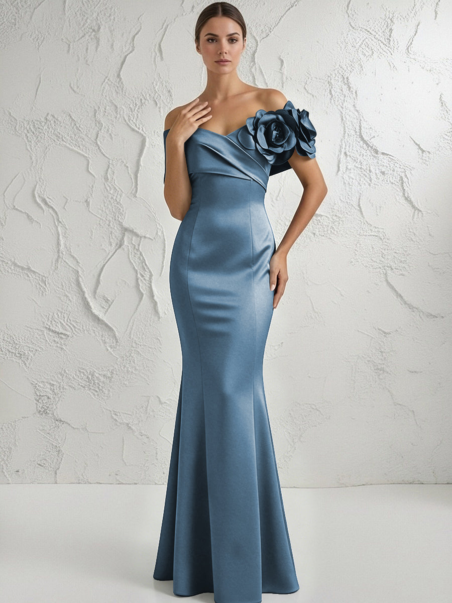 Mermaid Off Shoulder Flower Floor Length Simple Evening Dresses