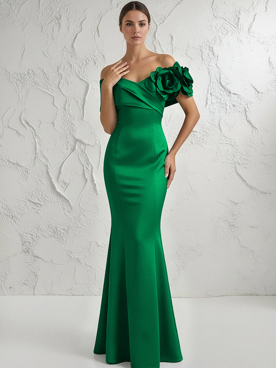 Mermaid Off Shoulder Flower Floor Length Simple Evening Dresses