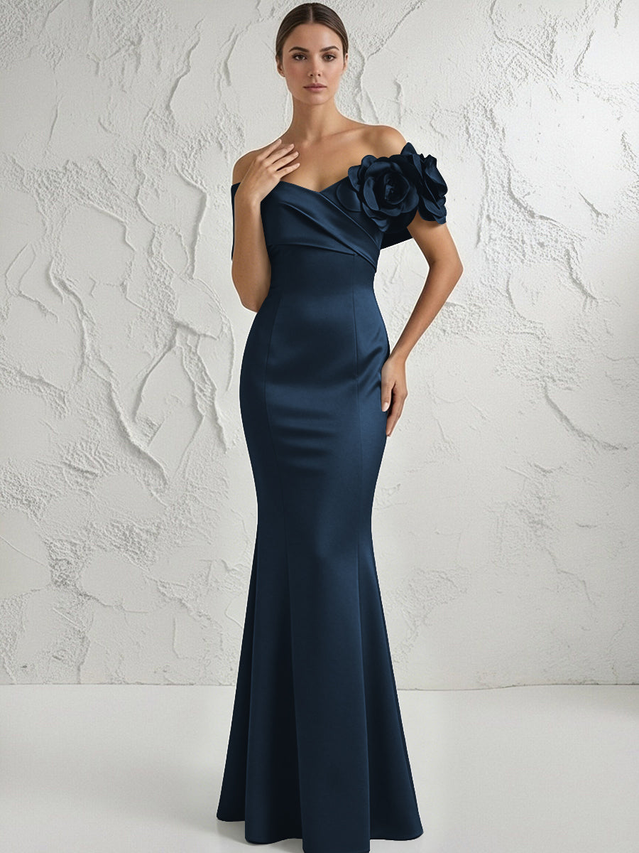 Mermaid Off Shoulder Flower Floor Length Simple Evening Dresses