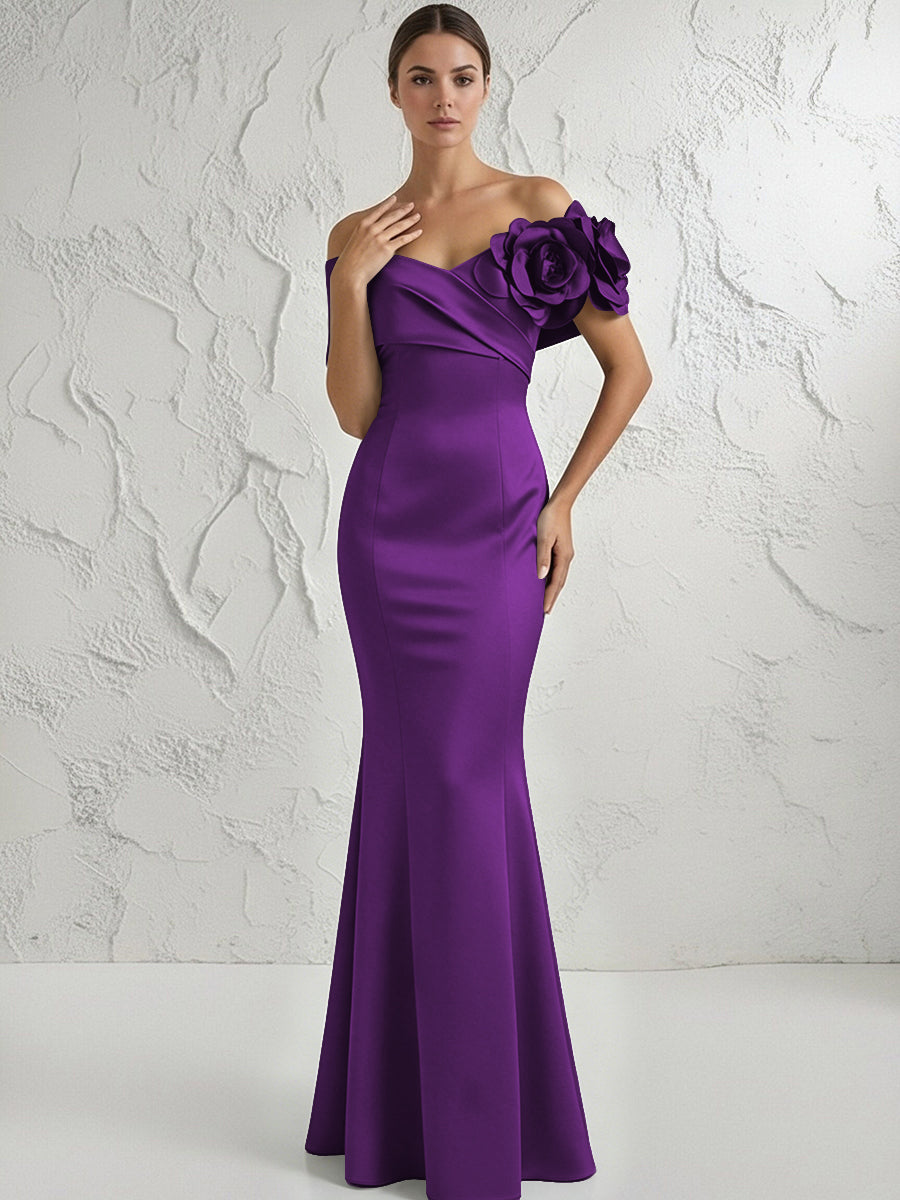 Mermaid Off Shoulder Flower Floor Length Simple Evening Dresses