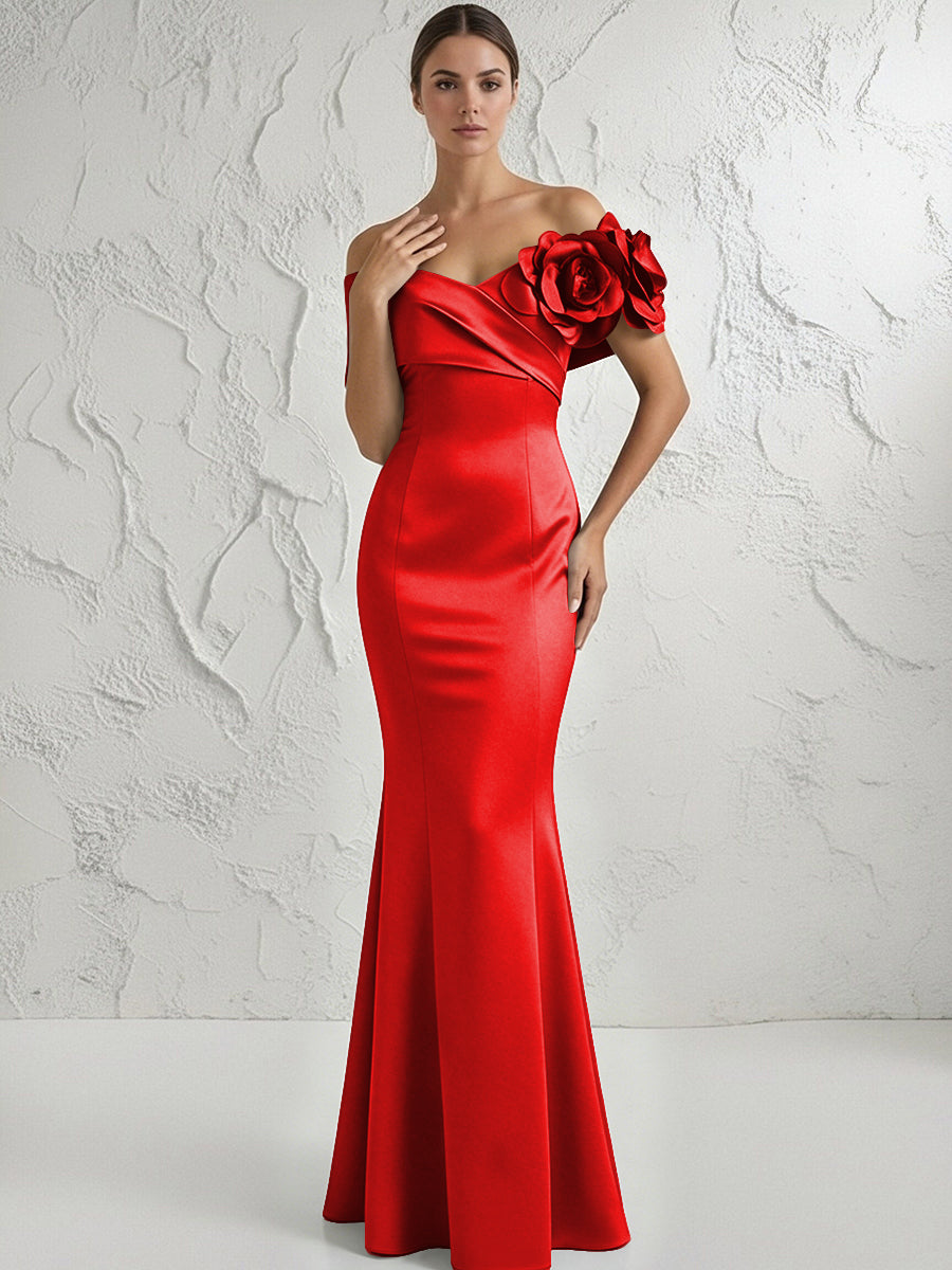 Mermaid Off Shoulder Flower Floor Length Simple Evening Dresses