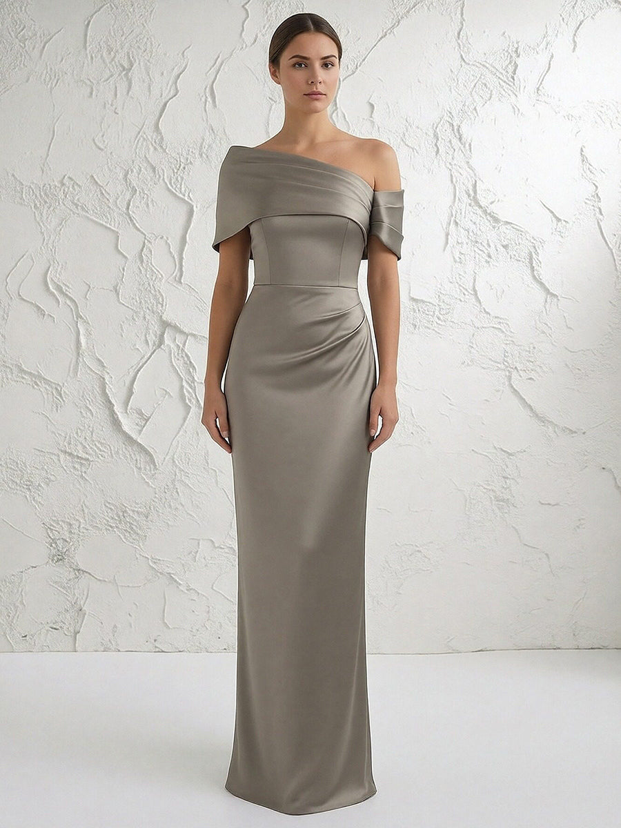 Sheath Asymmetrical Neck Ruched Long Simple Evening Dresses