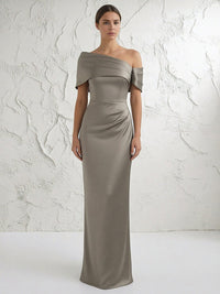 Sheath Asymmetrical Neck Ruched Long Simple Evening Dresses