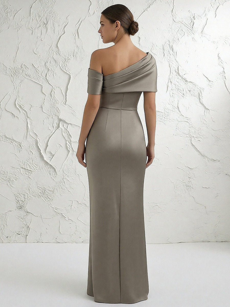 Sheath Asymmetrical Neck Ruched Long Simple Evening Dresses