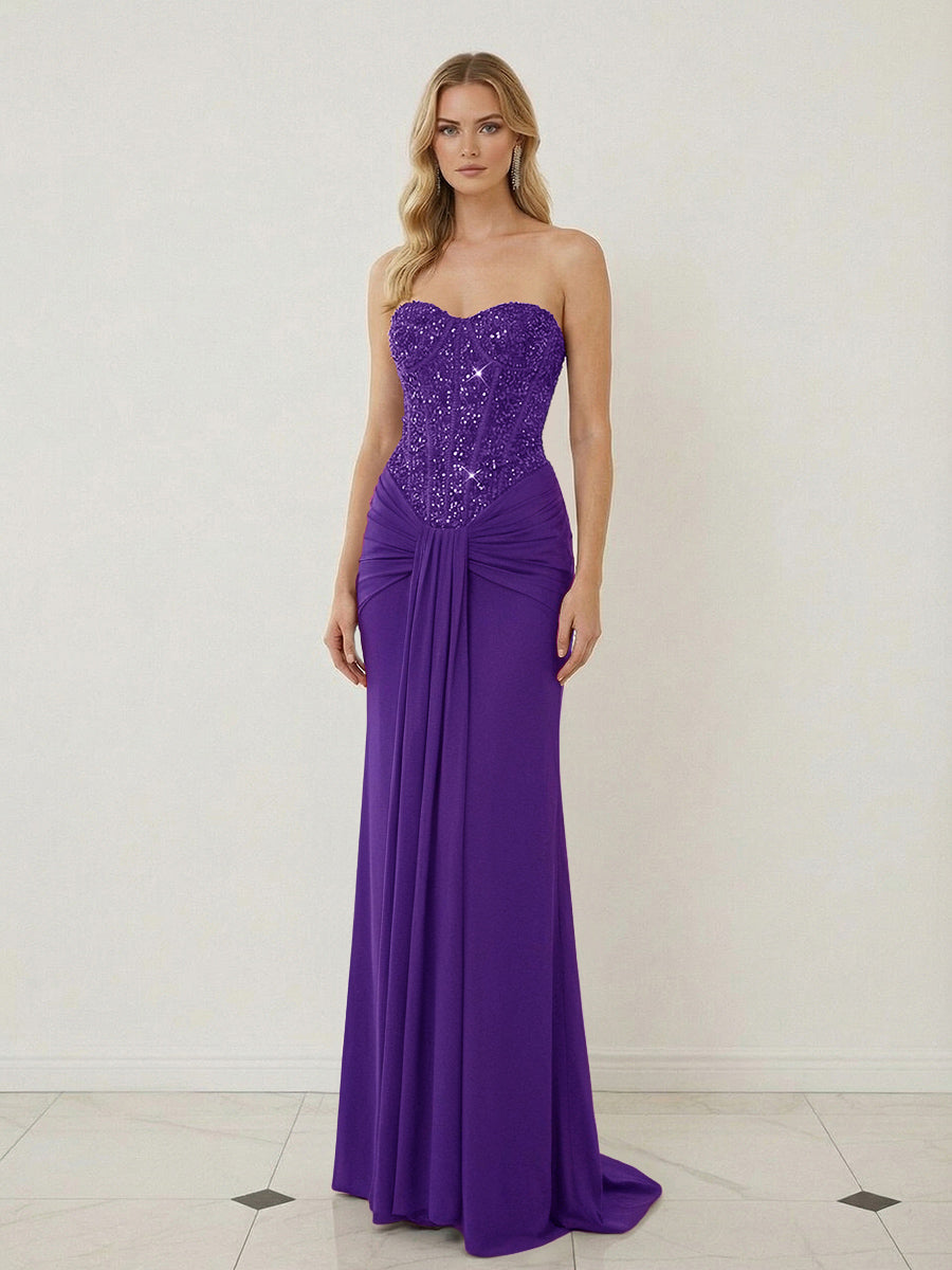 Sheath Sweetheart Corset Sequined Twist Floor Length Mixed Evening Dresses