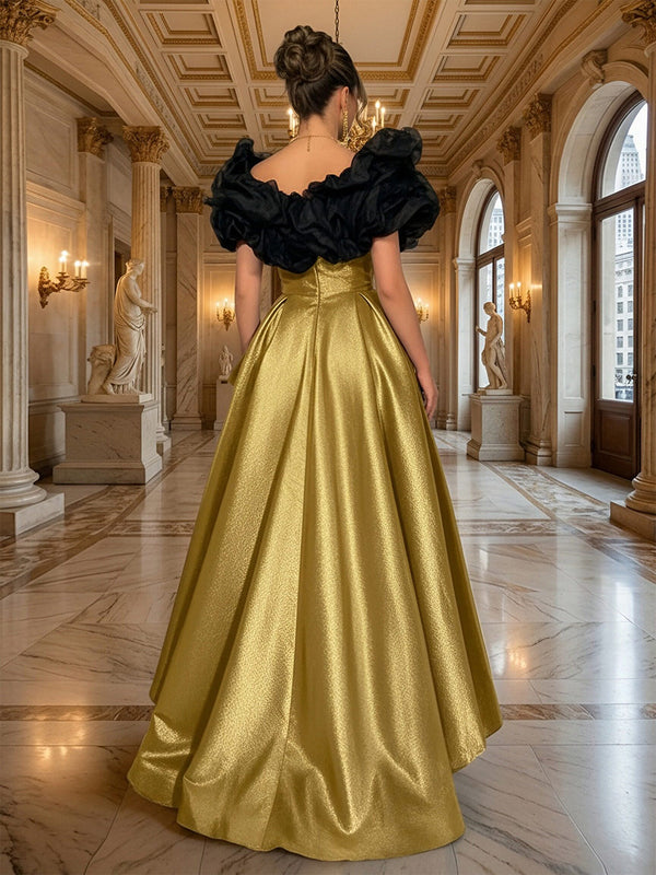 Satin Off Shoulder Puffy Sleeve A-Line Floor-Length Evening Dresses