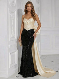 Sequin & Satin Sweetheart Strapless Mermaid Floor-Length Evening Dresses with Bow