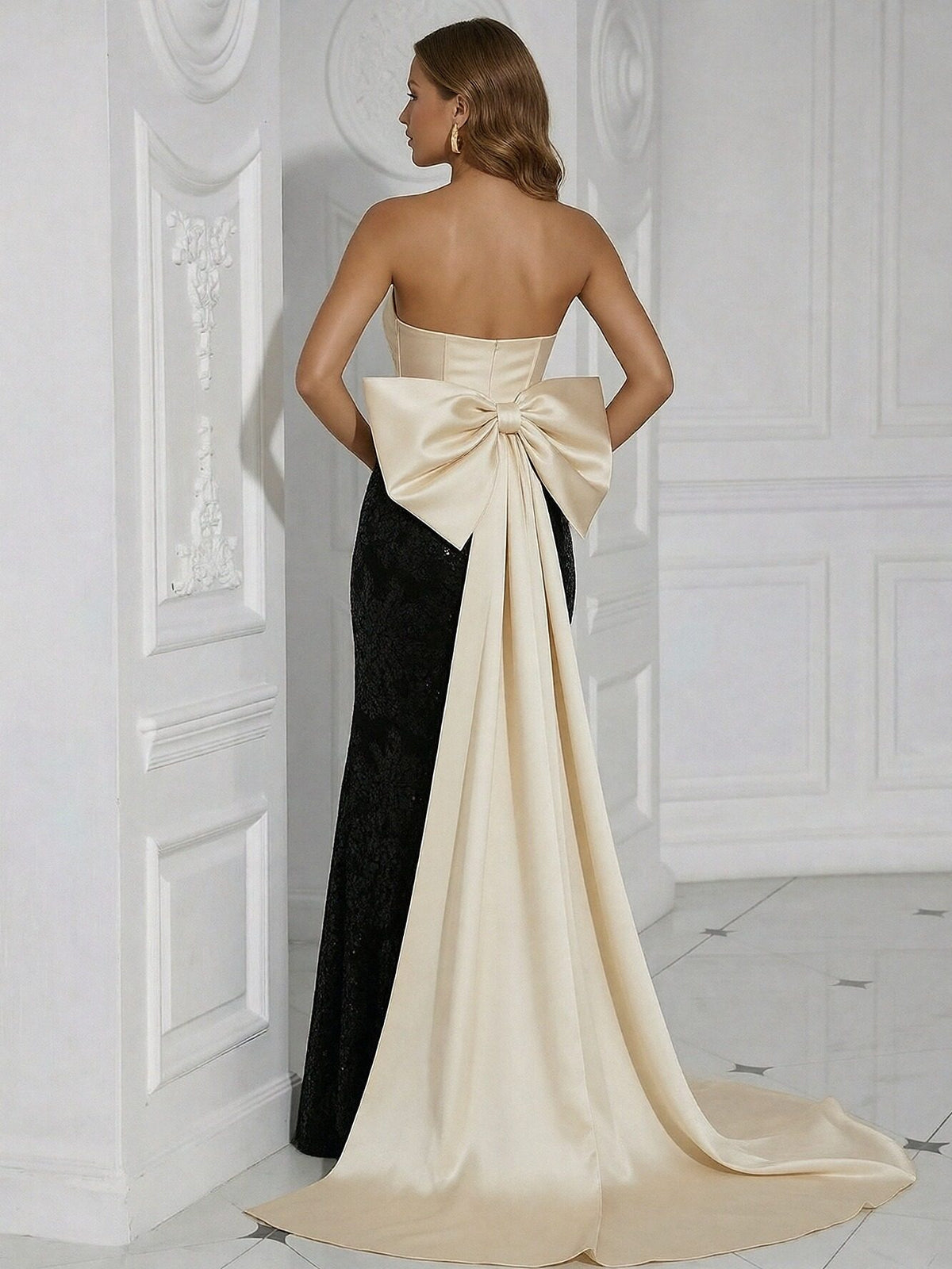 Sequin & Satin Sweetheart Strapless Mermaid Floor-Length Evening Dresses with Bow