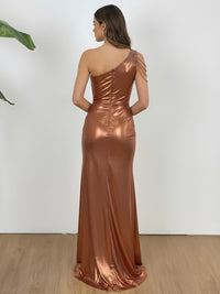 Ruched Satin One Shoulder Sheath Floor-Length Evening Dresses with Appliques