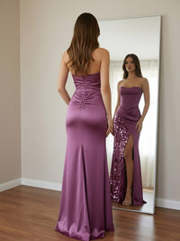 Ruched Mixed Cowl Neck Sheath Floor-Length Evening Dresses with Satin & Sequin