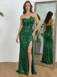 Ruched Asymmetrical Neck Sheath Floor-Length Evening Dresses with Sequin