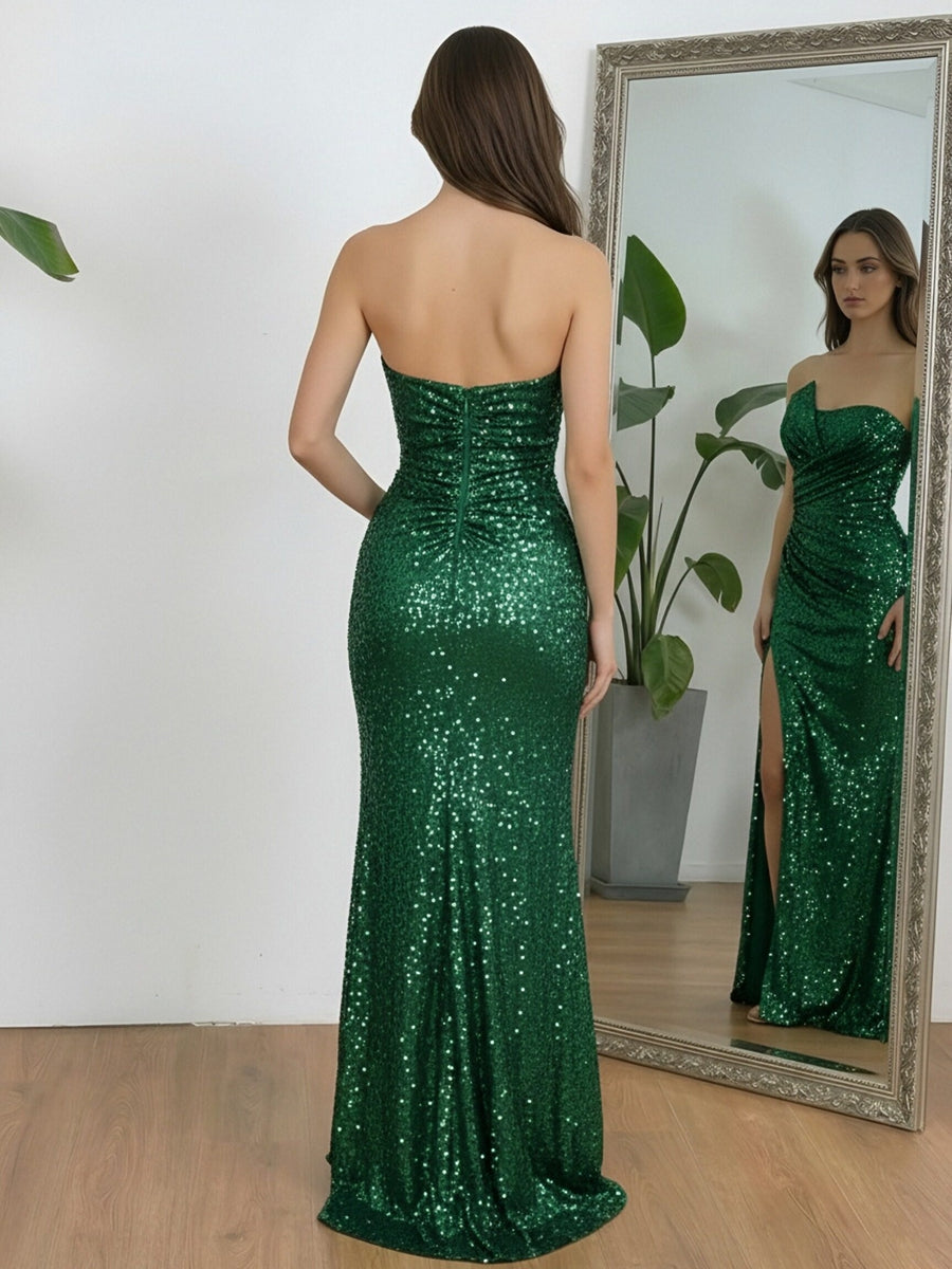 Ruched Asymmetrical Neck Sheath Floor-Length Evening Dresses with Sequin