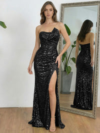 Ruched Asymmetrical Neck Sheath Floor-Length Evening Dresses with Sequin
