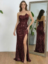 Ruched Asymmetrical Neck Sheath Floor-Length Evening Dresses with Sequin
