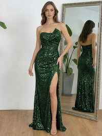 Ruched Asymmetrical Neck Sheath Floor-Length Evening Dresses with Sequin