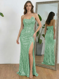 Ruched Asymmetrical Neck Sheath Floor-Length Evening Dresses with Sequin