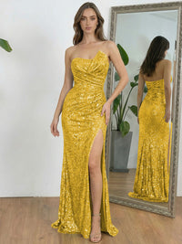 Ruched Asymmetrical Neck Sheath Floor-Length Evening Dresses with Sequin