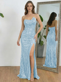 Ruched Asymmetrical Neck Sheath Floor-Length Evening Dresses with Sequin