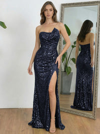 Ruched Asymmetrical Neck Sheath Floor-Length Evening Dresses with Sequin