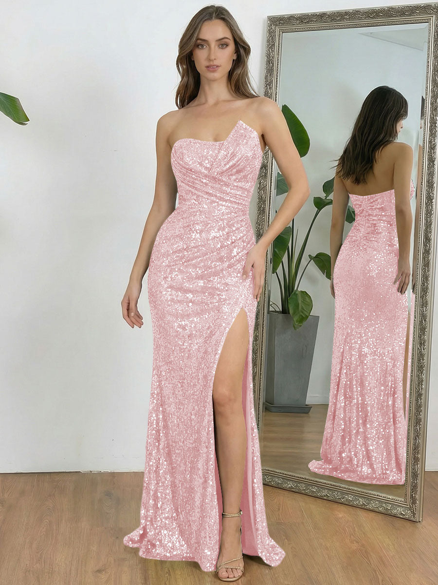 Ruched Asymmetrical Neck Sheath Floor-Length Evening Dresses with Sequin